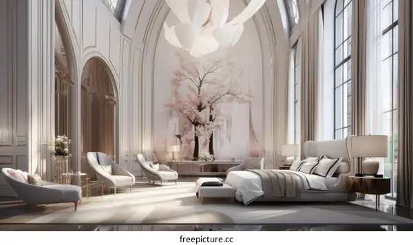 Elegant bedroom interior design with pink blossom tree mural