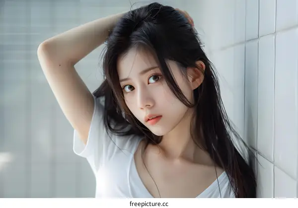Portrait of a Young Asian Woman with Long Black Hair