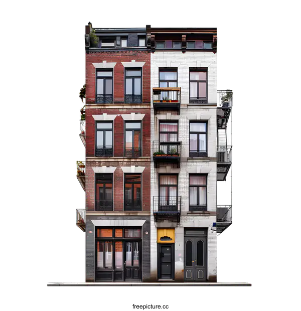 [Transparent Background PNG]Old European Building With Brick Facade And Balconies