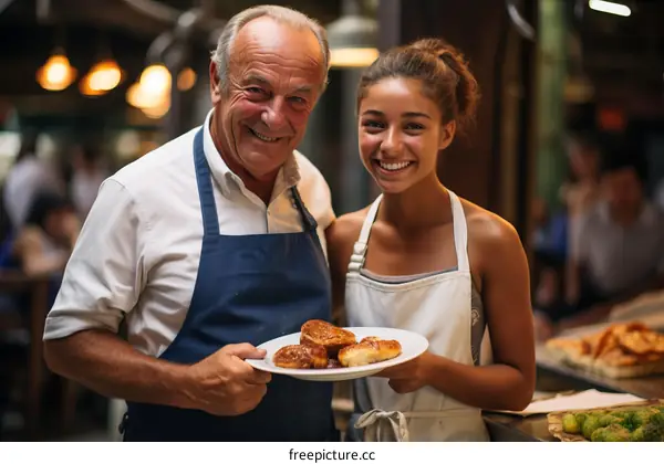 A baker and his apprentice pose for a photo in their bakery.