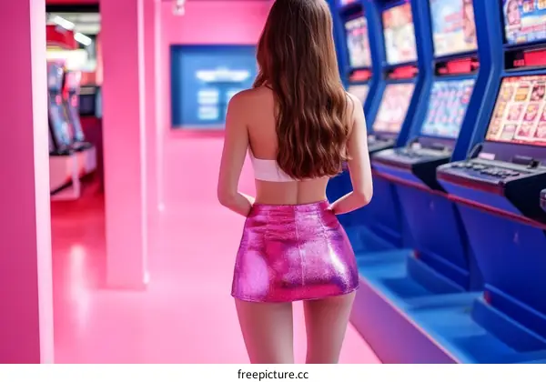 Woman in a Pink Glitter Mini Skirt at a Casino