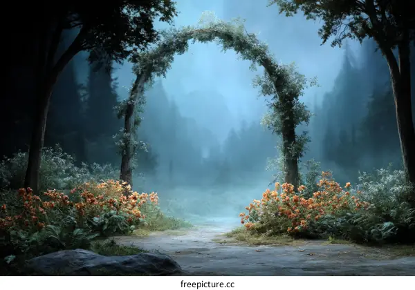 Misty Forest Archway Garden Scene