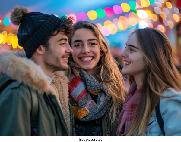 Three young friends smiling and talking at a winter market