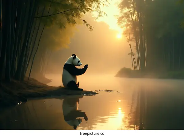 Panda Sitting on the Edge of a Lake in the Foggy Morning