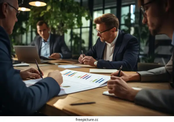 Four business professionals in suits having a meeting in an office