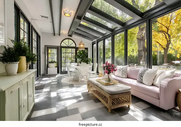 Modern Sunroom with Large Windows and Pink Sofa