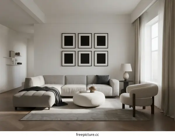 Modern Living Room with Neutral Tones and Geometric Wall Art
