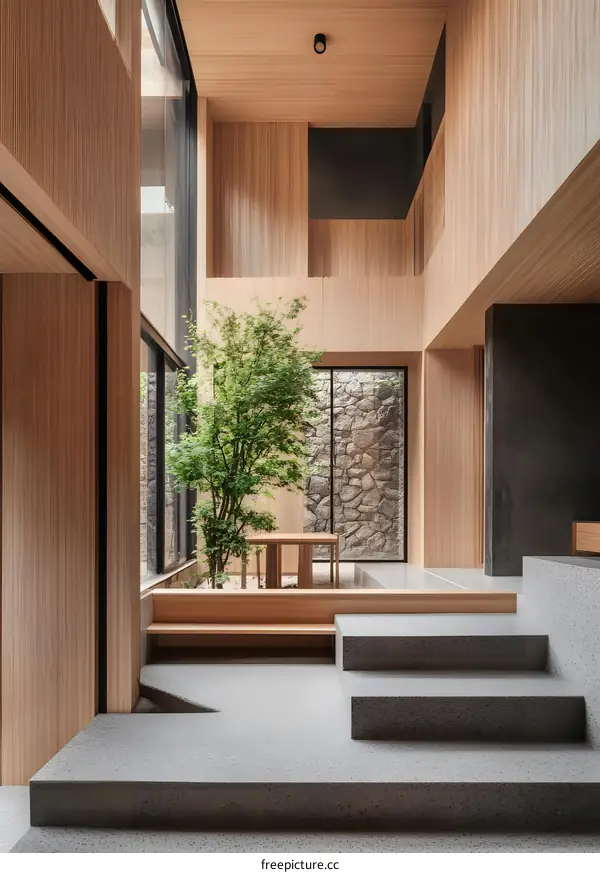 Modern Minimalist Interior Design with a Courtyard and Stone Wall