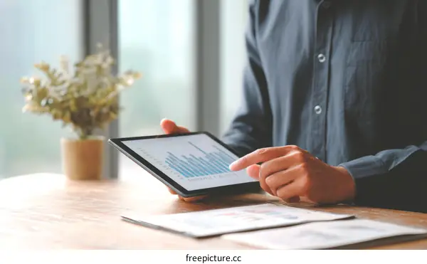 Business Person Reviewing Data on Tablet