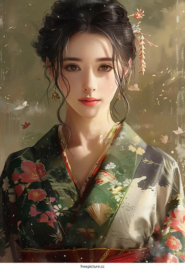 Beautiful Woman in a Floral Kimono