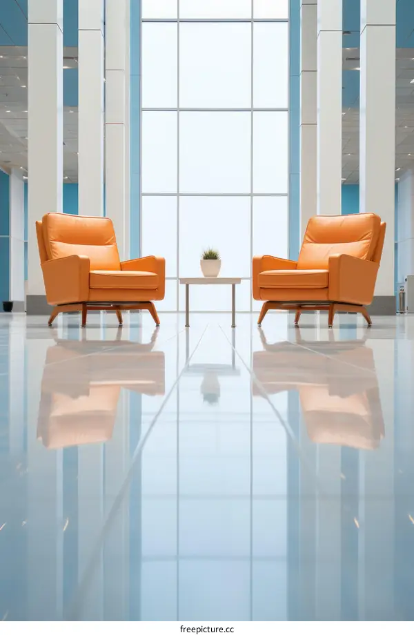 Two orange armchairs in a large modern space with white walls and blue tiled floor