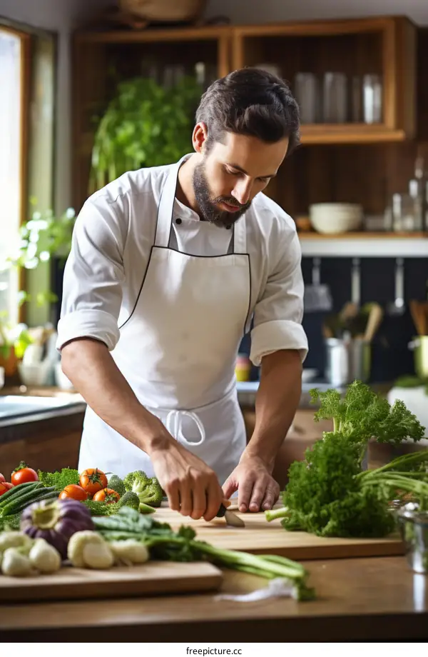 Male chef chopping vegetables on a wooden board in a commercial kitchen