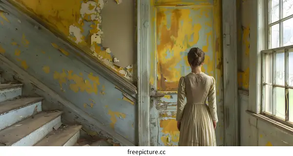 Woman in a long white dress standing in a room with yellow peeling paint and a broken window