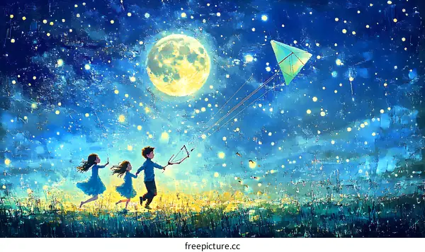 Children Flying a Kite Under the Moonlight