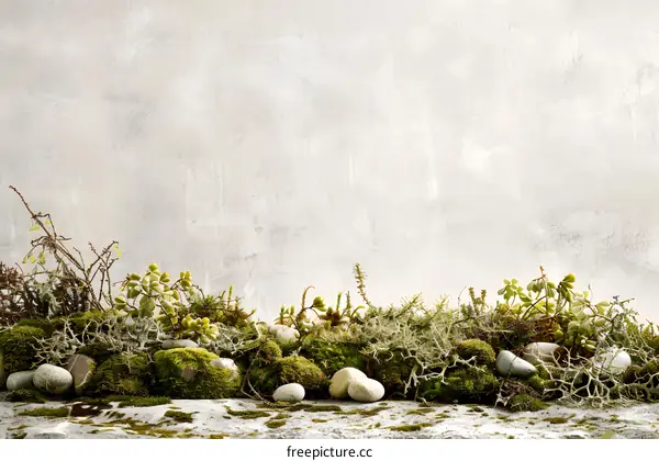 Green Moss and Stones on a Concrete Background