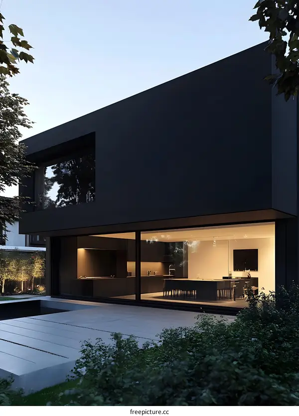 Modern Black House with Large Windows and Outdoor Patio