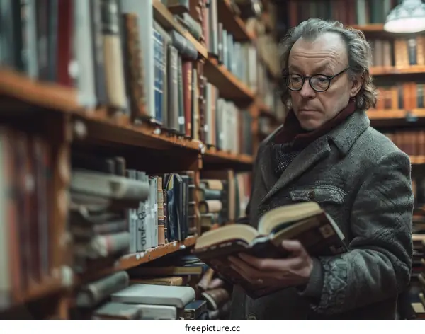 A man is reading a book in a library.