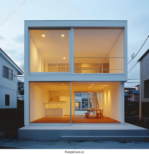 Modern White House with Large Windows and a Wooden Deck