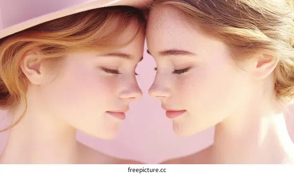 Closeup Portrait of Two Caucasian Girls with Soft Pink Background