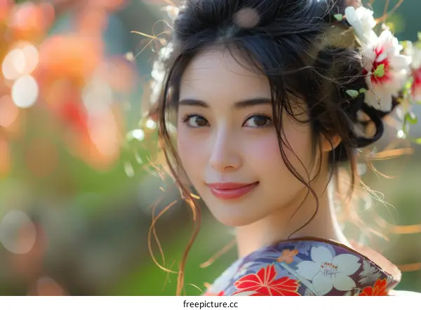 Portrait of a beautiful Japanese woman in traditional kimono