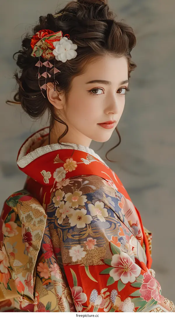 Portrait of a young woman in a kimono
