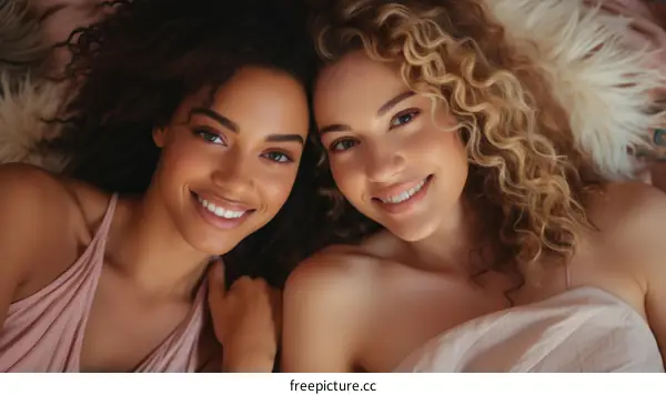 Two beautiful women with curly hair smiling at the camera