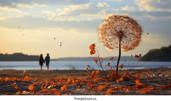 Couple walking on the beach with a dandelion flower in the foreground