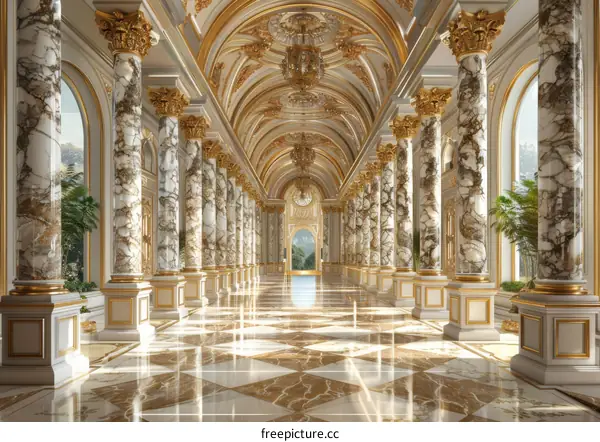 Grand Hallway with Marble Columns and Gold Decor