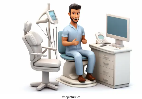Cartoon dentist in chair giving thumbs up