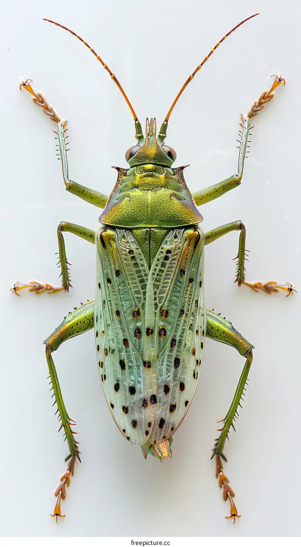 A green and gold bug with long antennae and a spotted abdomen