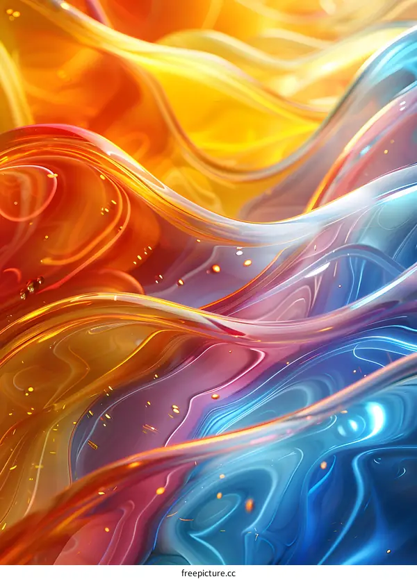 Colorful abstract painting with waves of blue, orange and yellow