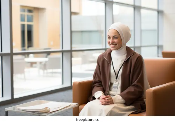 A smiling young woman wearing a brown jacket and white hijab is sitting in a chair.