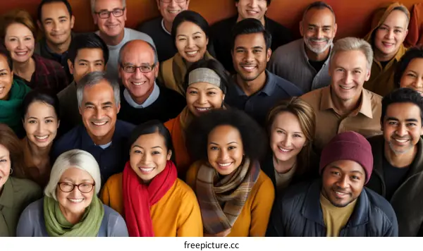 A group of diverse people of all ages smiling.