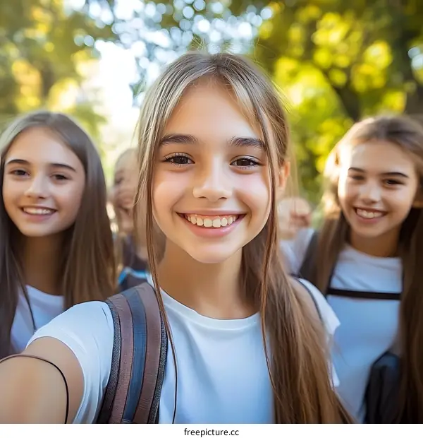 Smiling Teenage Girls Taking Selfie in Forest