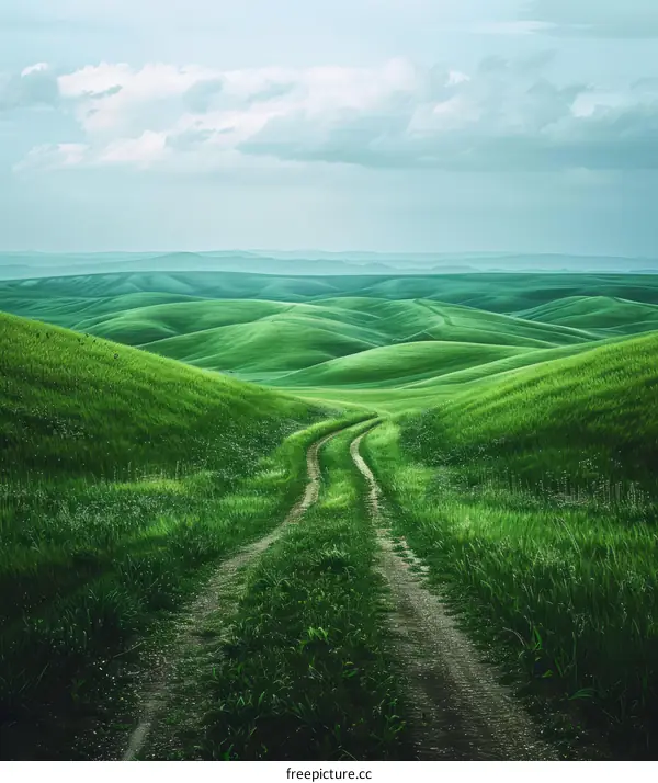 Countryside dirt road through green rolling hills
