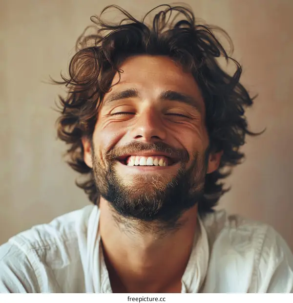 Smiling Man with Curly Hair Close-up Portrait
