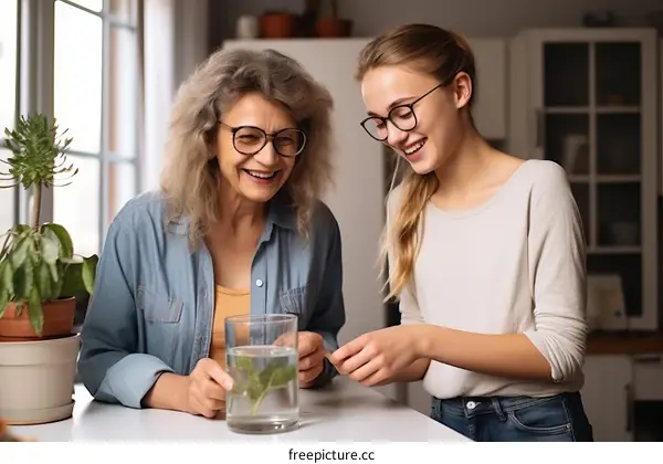 Two women looking at a glass of water with a plant in it