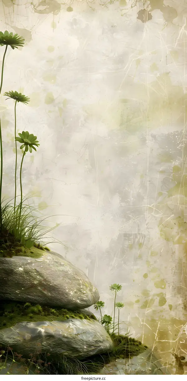 Vintage Green Flowers and Rocks Background