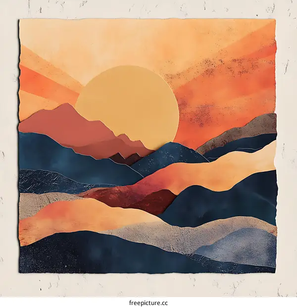 Sunset Mountain Landscape with Paper Texture