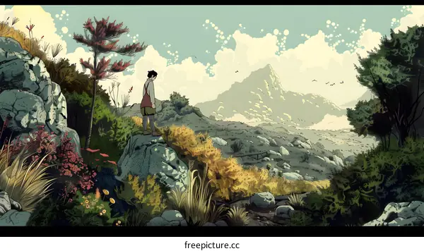 Man Standing on a Cliff Looking Out at a Mountain Range