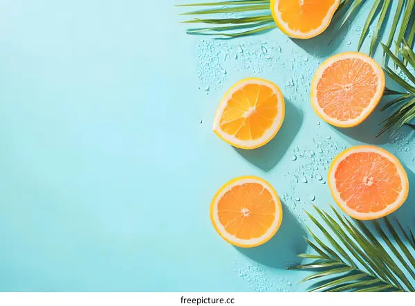 Summer Citrus Fruit Background With Palm Leaves