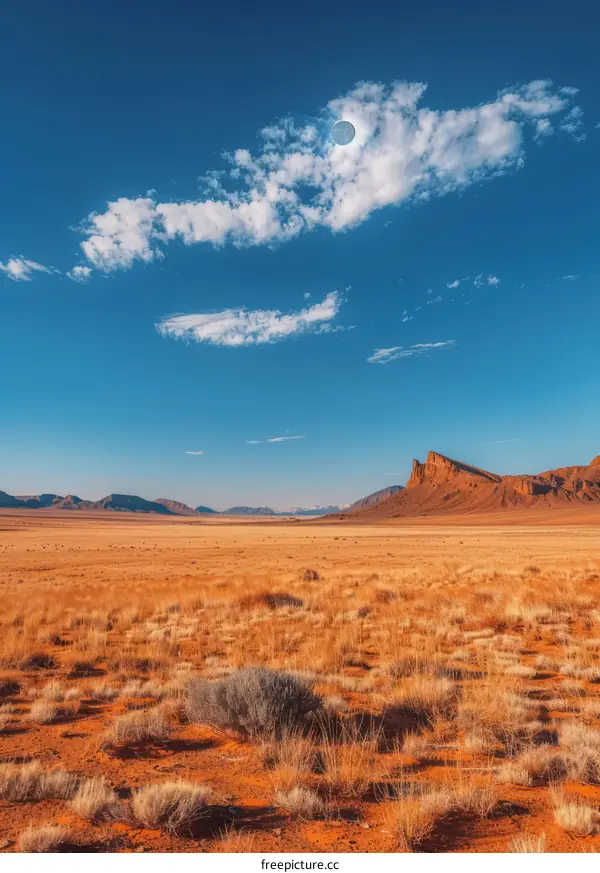 A vast dry desert landscape with mountains in the distance under a clear blue sky