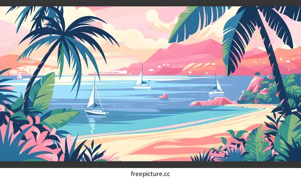 Tropical Island Beach Sunset Illustration