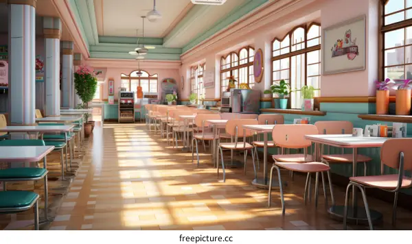 Retro Pink Diner Interior with Empty Tables and Chairs