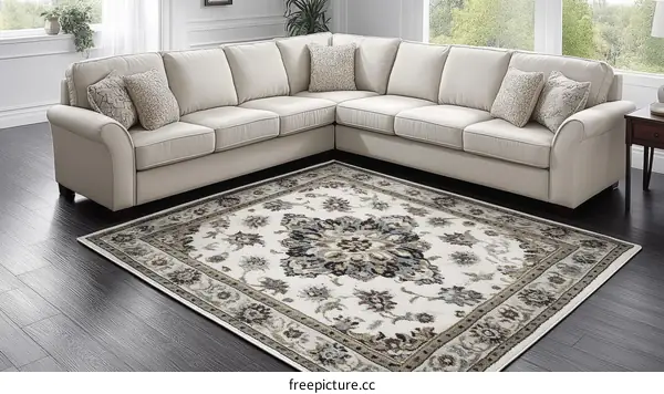 Beige Area Rug Under Sectional Sofa in Living Room