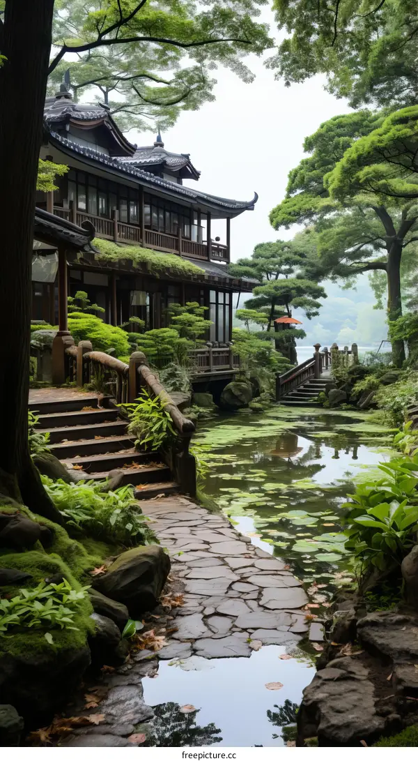 Oriental courtyard with pond and bridge
