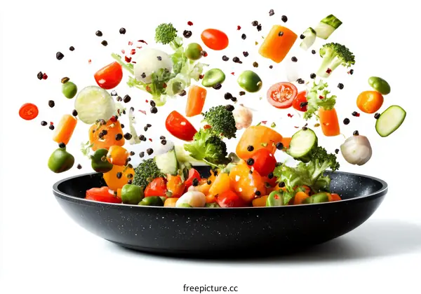 Colorful Vegetables in Motion in a Pan