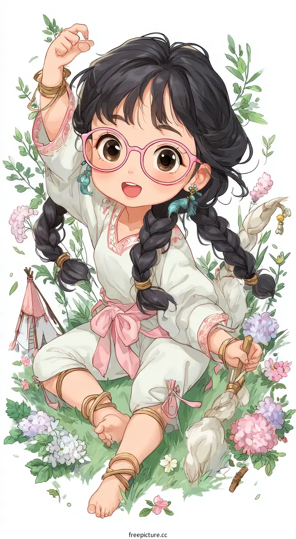 Cute Girl in Traditional Outfit with Flowers