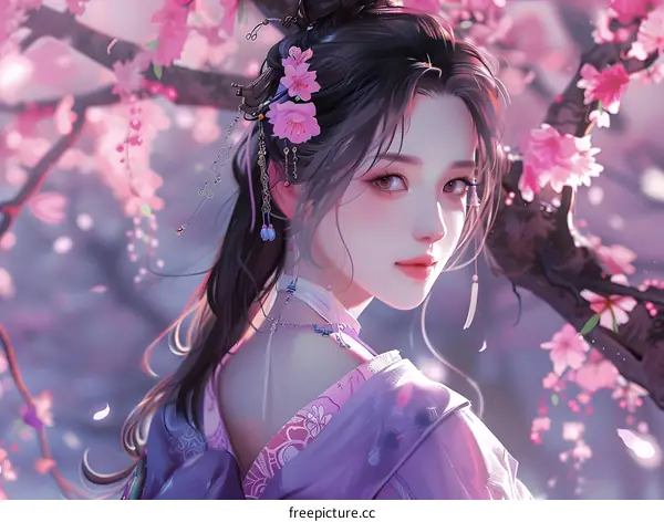 Beautiful Asian Woman in Cherry Blossom Illustration