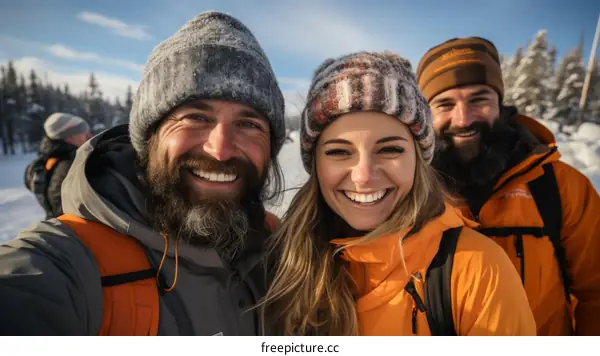 Three friends on a snowshoeing trip in the mountains.